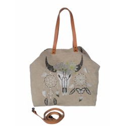 sac cabas motif attrape-rêves et tête de buffle beige