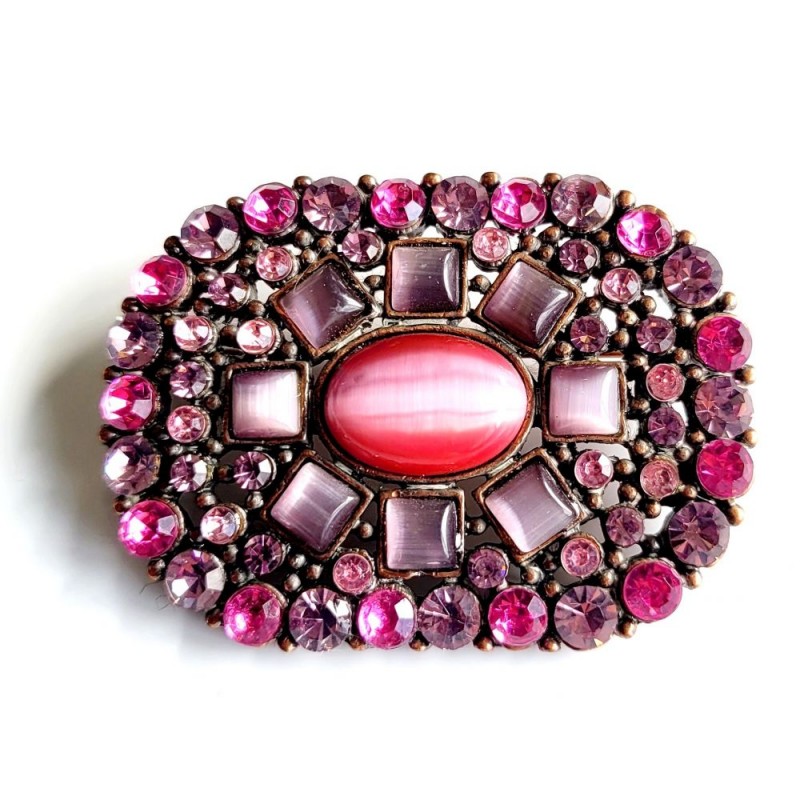 Broche ovale strass et cabochons en verres sur métal bronze - L'officiel Roma