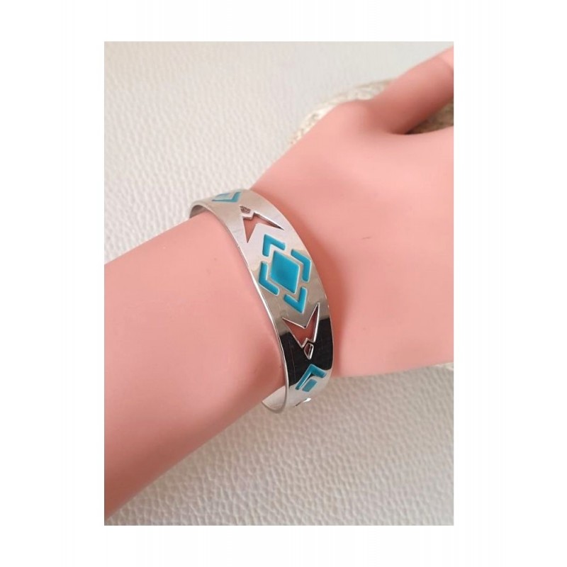 Bracelet plat argenté motifs géométriques turquoise - H DUBIN