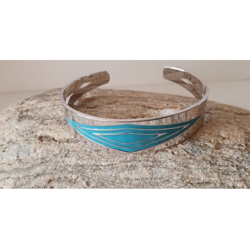 Bracelet plat argenté motifs géométriques bleu - H DUBIN