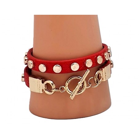 Bracelet en cuir double tour avec rivets dorés