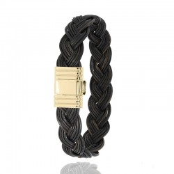 Bracelet Homme en cuir noir tressé plat -