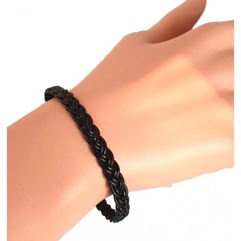 Bracelet Homme en cuir noir tressé plat -